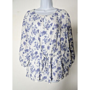 Como Blu Womens Top 3X Blue White Floral Prairie Cottage Core Cinch Waist